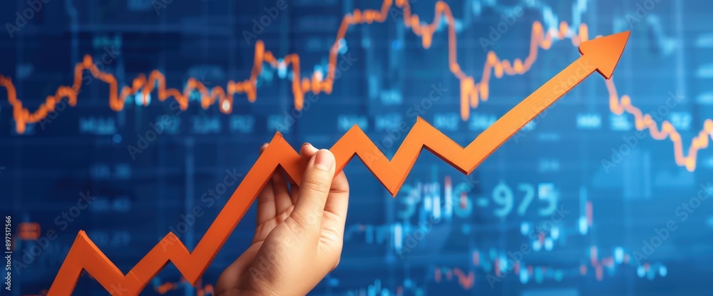 Hand holding arrow up, blue background, abstract financial growth, detailed orange stock market graph for business banners. Hand holding arrow up, blue background, abstract financial growth, detailed orange stock market graph for business banners.
