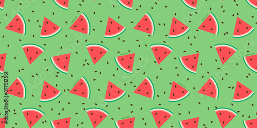 Seamless pattern with watermelon slices on a green background.
