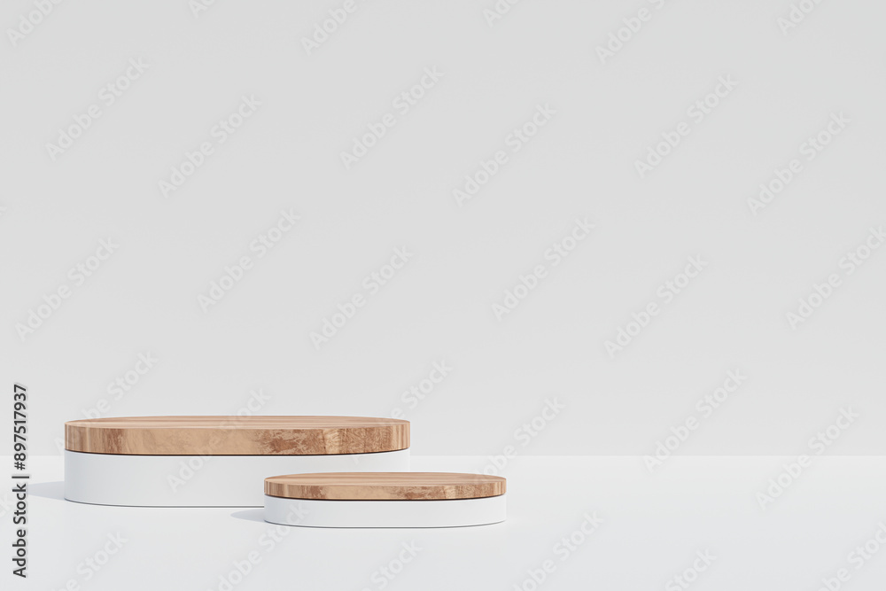 2step of Round wooden podium for food, products or cosmetics against bright brown background. 3d render 2step of Round wooden podium for food, products or cosmetics against bright brown background. 3d render