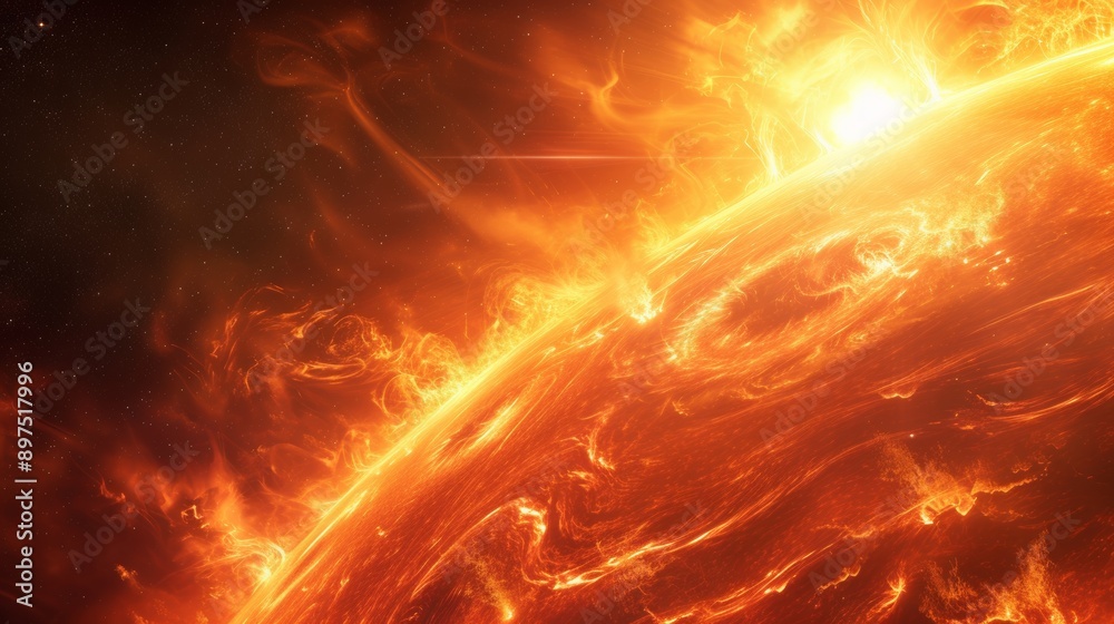 Fiery surface of the sun with solar flares in space Fiery surface of the sun with solar flares in space