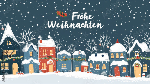 Wallpaper Mural Cute illustration, cozy winter village, handdrawn, Christmas greeting card, text " Frohe Weihnachten", merry Christmas in German. Xmas greeting card. Design for greeting card, T-shirt. Torontodigital.ca