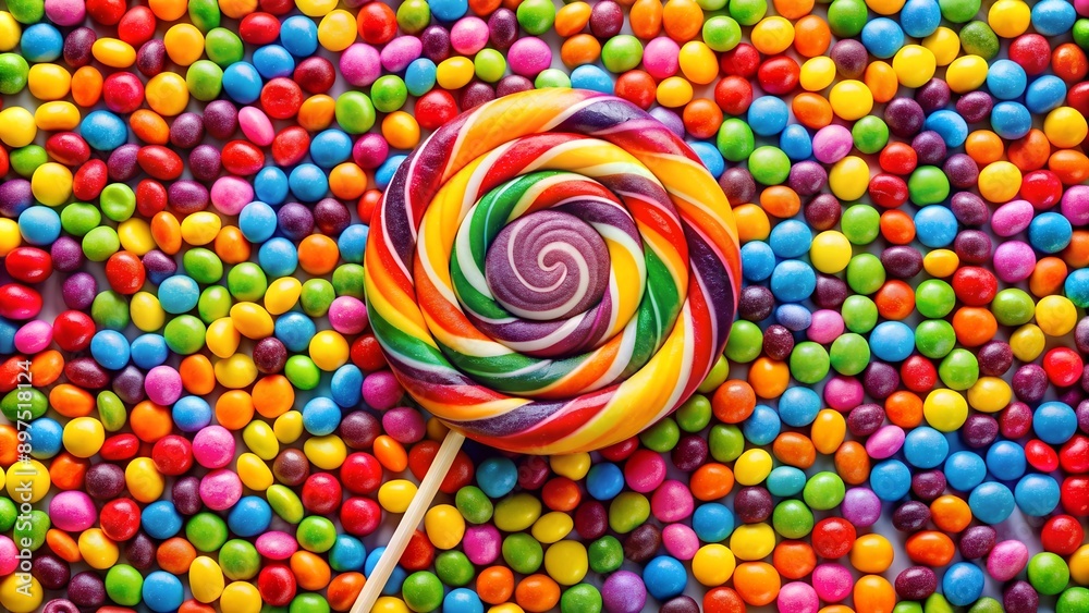 Vibrant Big Round Lollipop Illustration on Colorful Sweet Pebbles Background Vibrant Big Round Lollipop Illustration on Colorful Sweet Pebbles Background