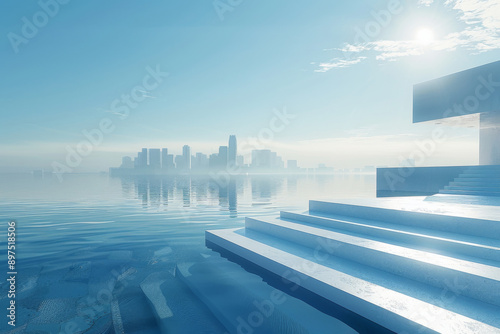 Modern buildings by the lake. The modern urban skyline is in the background.
