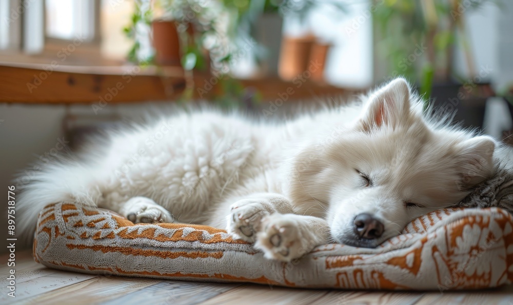 Fototapeta premium A white dog is sleeping on a bed with a blanket