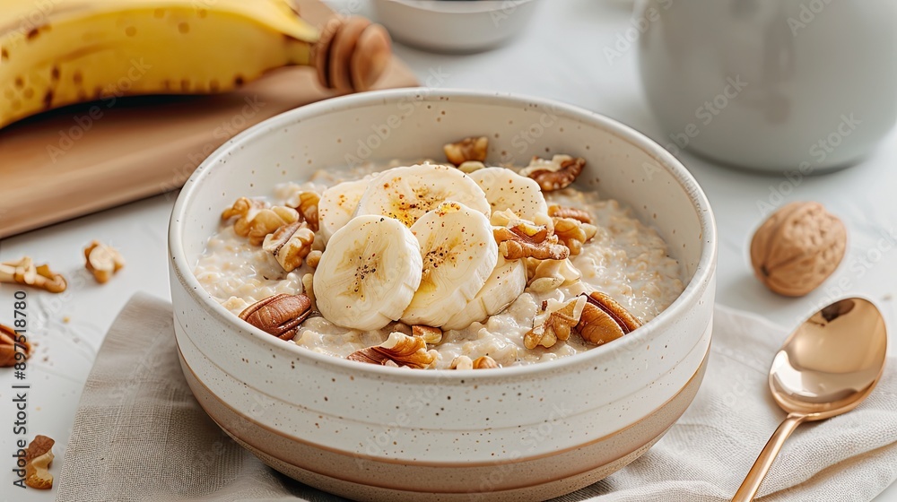 Bowl of oatmeal with sliced bananas, nuts, and a drizzle of honey Bowl of oatmeal with sliced bananas, nuts, and a drizzle of honey