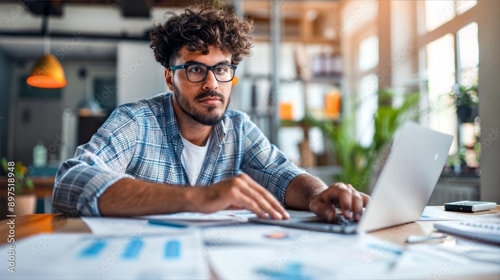 A man in a blue plaid shirt and glasses sits at a desk, typing on a laptop and looking at the camera A man in a blue plaid shirt and glasses sits at a desk, typing on a laptop and looking at the camera