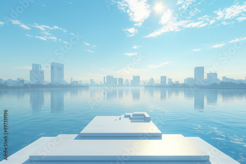 Modern buildings by the lake. The modern urban skyline is in the background.