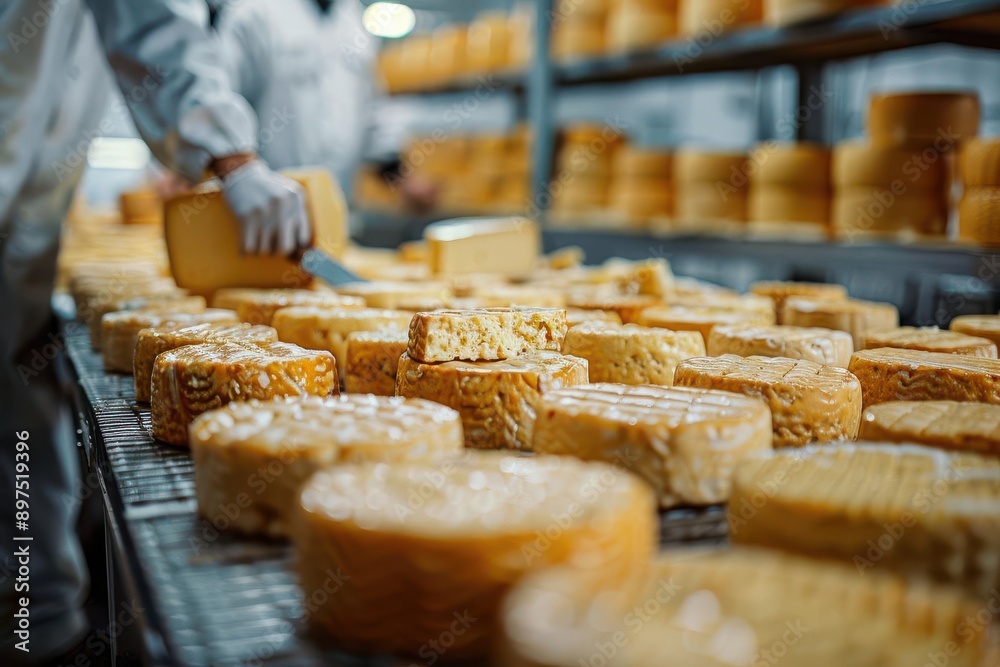Close-up of workers inspecting and flipping cheese wheels in an aging Close-up of workers inspecting and flipping cheese wheels in an aging