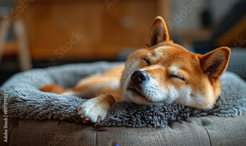 A brown dog is sleeping in a bed