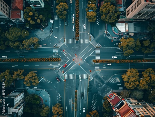 Bird's eye view of cityscape metropolis road intersection with cars