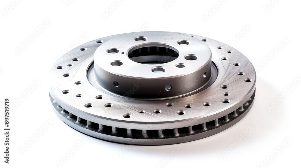 A silver brake rotor with a center hub and ventilation slots lies on a white surface A silver brake rotor with a center hub and ventilation slots lies on a white surface