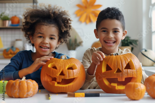 Kids eagerly carve pumpkins into spooky jack o'lanterns, preparing for a fun Halloween night