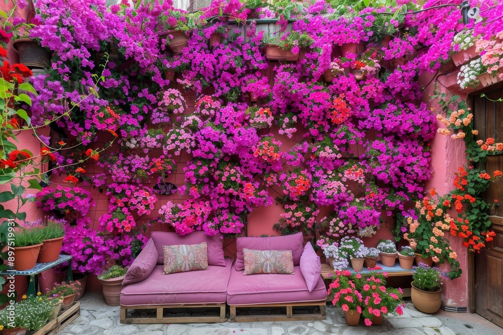 Vibrant garden wall covered in pink flowers, creating a colorful and inviting outdoor space. Vibrant garden wall covered in pink flowers, creating a colorful and inviting outdoor space.