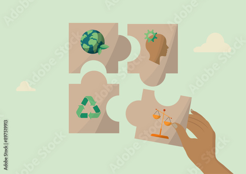 Hand places a puzzle piece with icons representing Environmental Social Governance. ESG illustration. ESG icon concept for business and organization