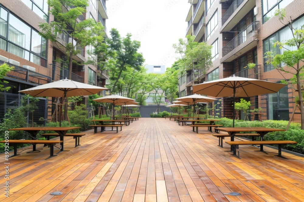 Fototapeta premium Spacious urban park with wooden walkways and seating areas, offering a peaceful retreat in the city.