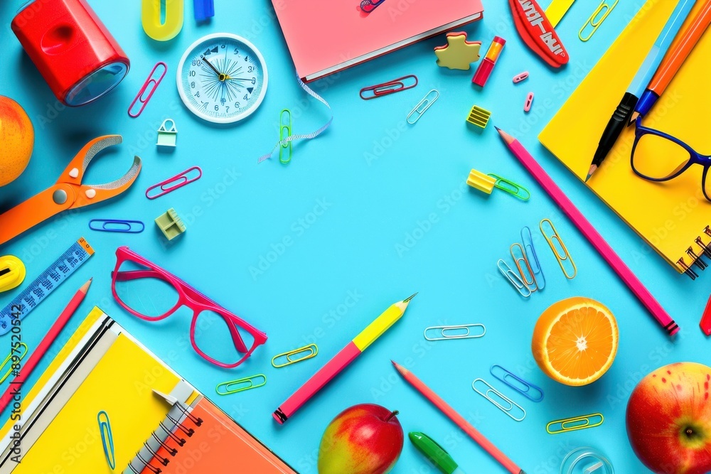 A blue background with colorful school supplies and fruit scattered around