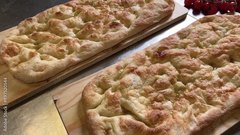 Focaccia with extra virgin olive oil on wooden chopping board, typical flat bread of Genoa or pinsa romana or schiacciata toscana, slide shot in top view