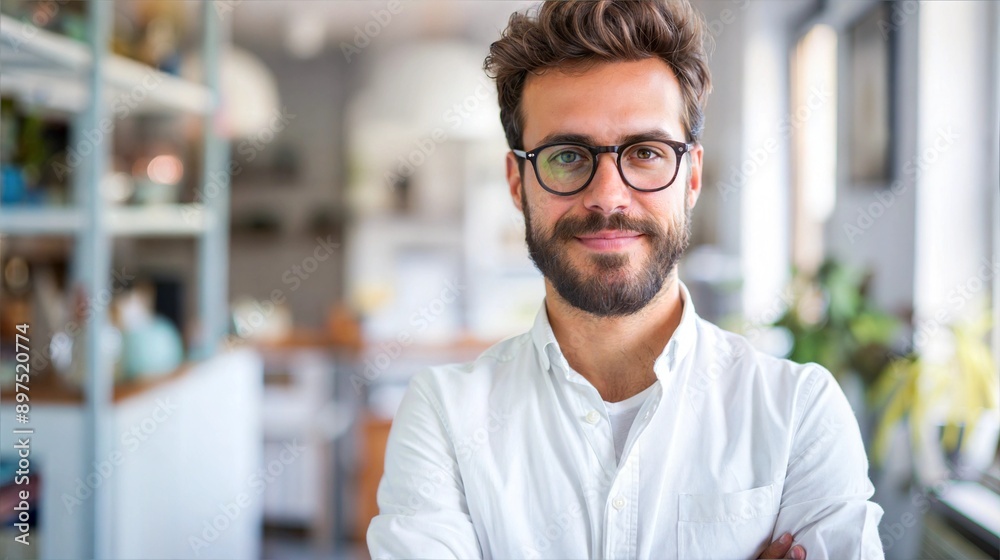A young man with a beard and glasses smiles confidently while standing in a modern office space A young man with a beard and glasses smiles confidently while standing in a modern office space