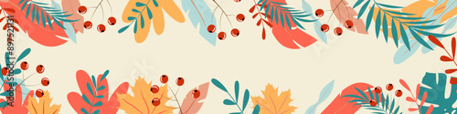 Vector illustration. Autumn illustration in flat style with copy space for text. Floral and leafy prints for greeting cards, posters, banners, posters and covers, blogging and promotional items.