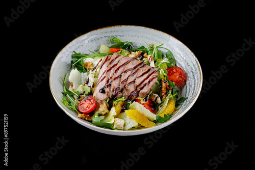 Duck Salad with Teriyaki Sauce on Black Background for Food Delivery Menu