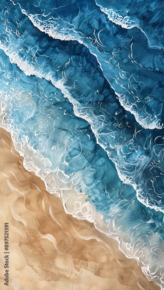 Naklejka premium A painting of the ocean with a wave crashing on the shore