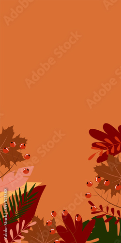 Vector illustration. Autumn illustration in flat style with copy space for text. Floral and leafy prints for greeting cards, posters, banners, posters and covers, blogging and promotional items.