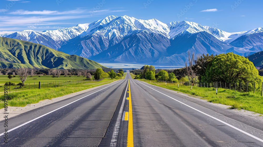 Fototapeta premium Endless Road Leading to Majestic Snow-Capped Mountains Under Clear Blue Sky