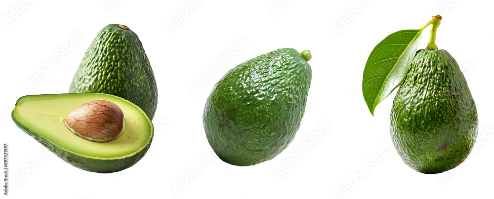 Whole and sliced avocado fruits on transparent background, cut out, Flat Lay, PNG 3D Digital Art.