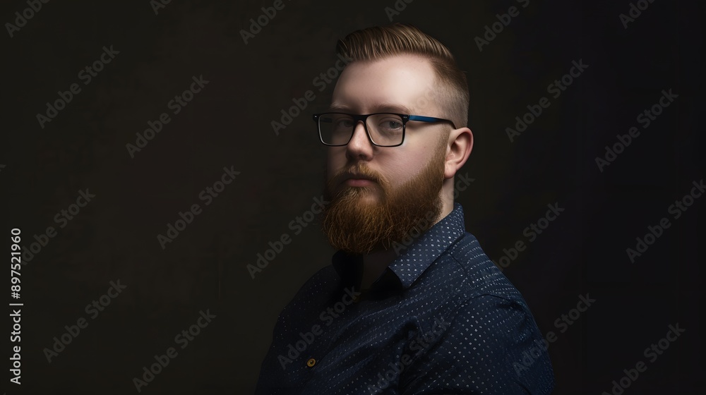 Fototapeta premium A young man with a beard and glasses looks intently at the camera.