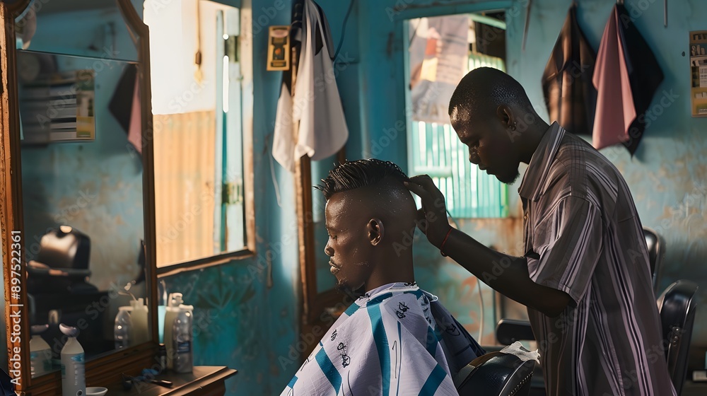 A barber cuts the hair of a young man in a barbershop. A barber cuts the hair of a young man in a barbershop.