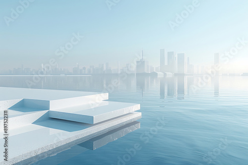 Modern buildings by the lake. The modern urban skyline is in the background.