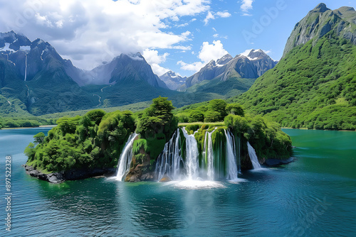 Majestic Waterfalls on a Verdant Island with Mountain Backdrop
