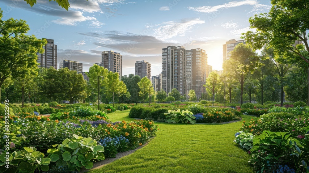 Fototapeta premium Realistic view of an urban green space with community garden plots