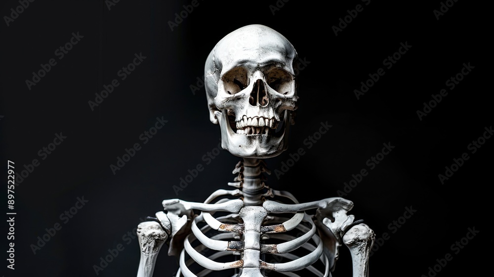 A skeleton grins at the camera with playful yet unsettling expression, white bones against a black background A skeleton grins at the camera with playful yet unsettling expression, white bones against a black background