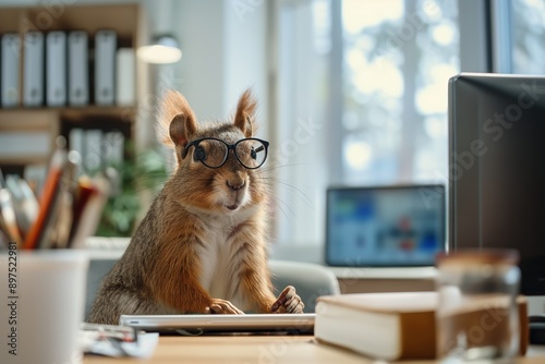 A squirrel with glasses working at a neatly organized desk, surrounded by office supplies, attentively focusing on work. photo