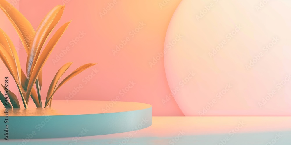Colorful abstract image of a plant with pink and orange hues on a circular podium in a warm and chic setting. Colorful abstract image of a plant with pink and orange hues on a circular podium in a warm and chic setting.