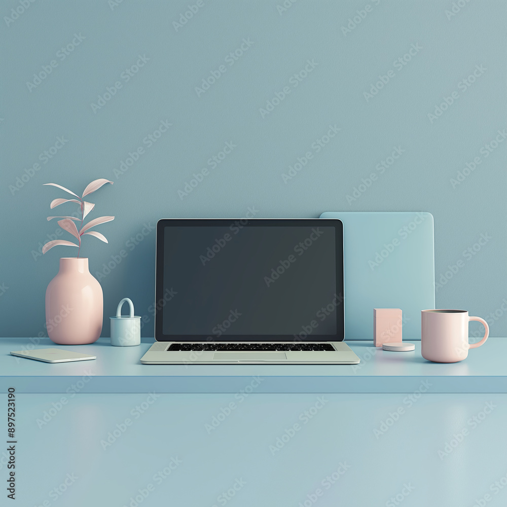 Stylish desktop setup featuring a laptop surrounded by pink and blue pastel items, creating a calm workspace feel. Stylish desktop setup featuring a laptop surrounded by pink and blue pastel items, creating a calm workspace feel.