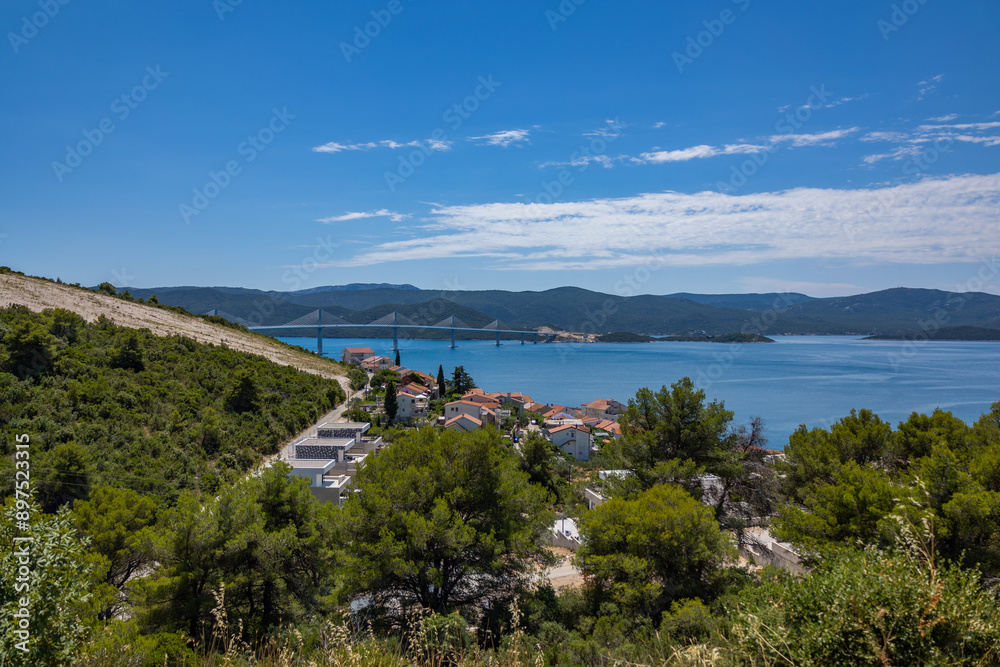 Fototapeta premium .Croatia. Beautiful nature and landscape. A perfect summer holidays travel destination. Beach croatia sea nature beauty. Scenery of Peljesac Bridge Near Croatia and Bosnia and Herzegovina Border.