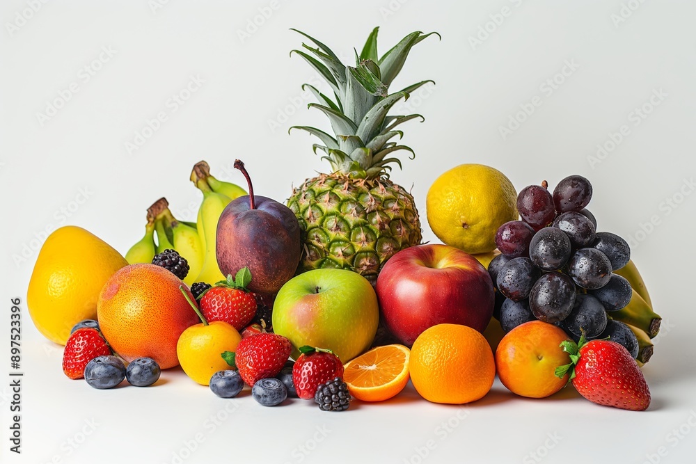 A vibrant assortment of fresh fruits including pineapple, apples, oranges, bananas, and berries on a white backdrop. A vibrant assortment of fresh fruits including pineapple, apples, oranges, bananas, and berries on a white backdrop.