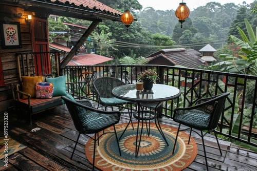 Cozy wooden balcony with hanging lanterns, overlooking a lush forested area, creating a warm and inviting outdoor space.