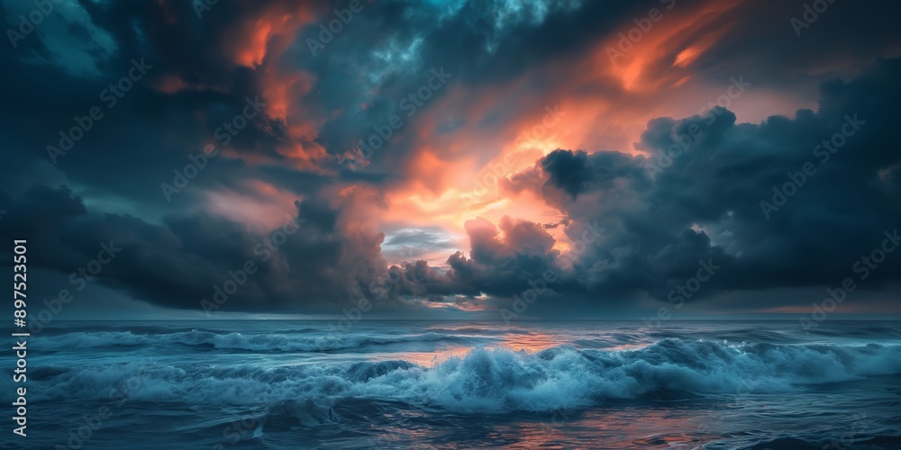 Fototapeta premium Dramatic ocean waves crashing under a stormy sky with glowing clouds, evoking power, awe, and contemplation.