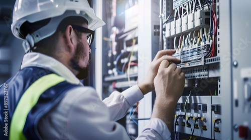 An electrician wearing a hard hat works on wiring in a control panel. photo