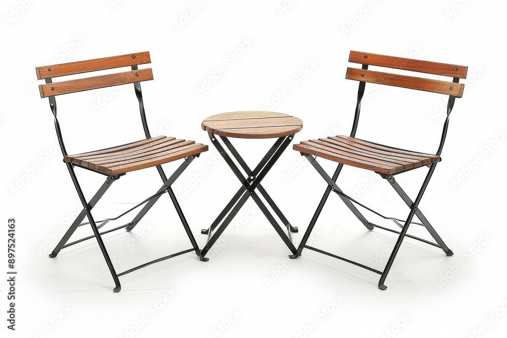 Simple and elegant outdoor bistro set with wooden chairs and table, perfect for enjoying a quiet and relaxing meal.