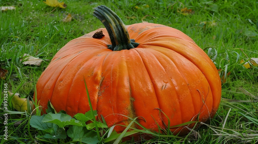 A large orange pumpkin sits in a field of green grass. A large orange pumpkin sits in a field of green grass.