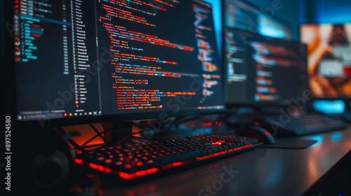 computer desk with multiple monitors displaying code, representing the software development process in high end gaming advertising