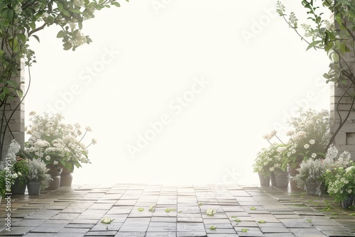 Serene garden pathway with lush greenery and soft sunlight, creating a tranquil and inviting outdoor retreat.