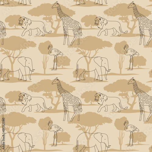 Savannah seamless pattern. African safari repetitive illustration. Nature wildlife and wild animal background. Outline and silhouette neutral wallpaper art.