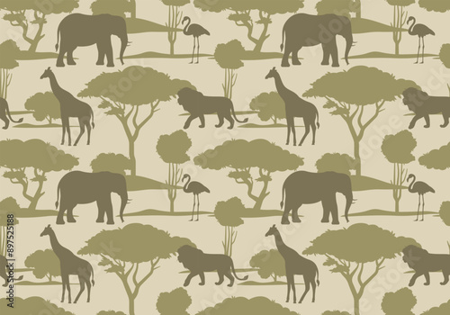 Savannah seamless pattern. African safari repetitive illustration. Wildlife and wild animal silhouette background. Simple and elegant wallpaper art.