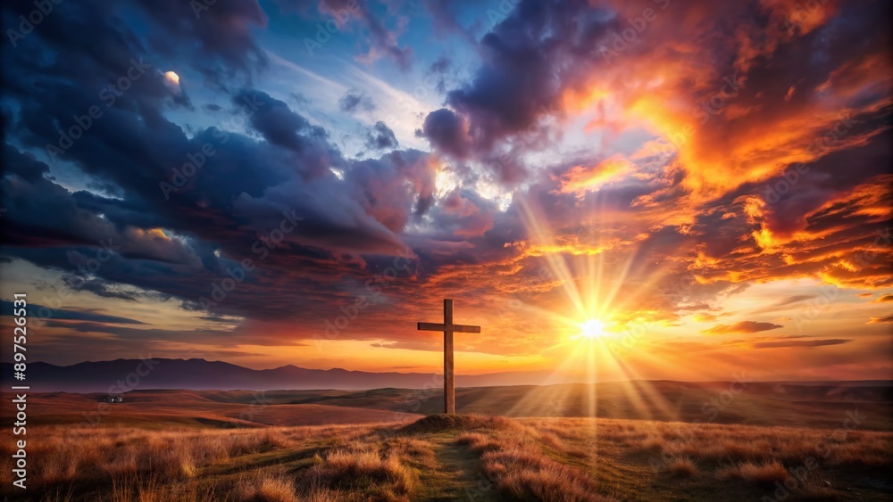 Dramatic sunset over a deserted landscape with a majestic glowing cross in the center, symbolizing Jesus' return and second coming. Dramatic sunset over a deserted landscape with a majestic glowing cross in the center, symbolizing Jesus' return and second coming.