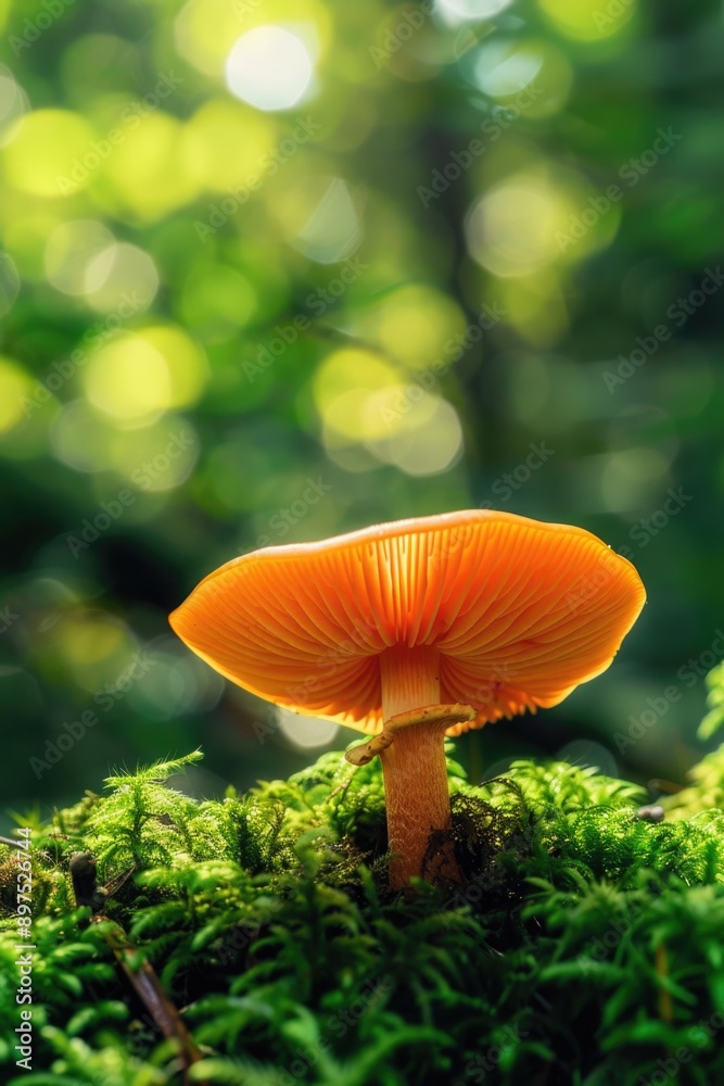 A vibrant orange mushroom growing on a bed of lush green moss. A scene of natural beauty and biodiversity. A vibrant orange mushroom growing on a bed of lush green moss. A scene of natural beauty and biodiversity.